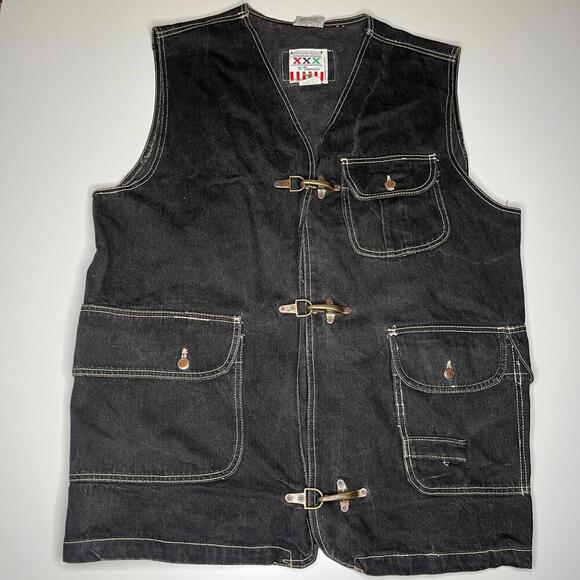 Vintage Gino Venucci Denim Work Vest Black L-XL Utility Western XXX Heavy Stitch - Picture 1 of 14